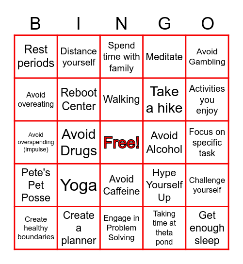 Men's Mental Health Bingo Card