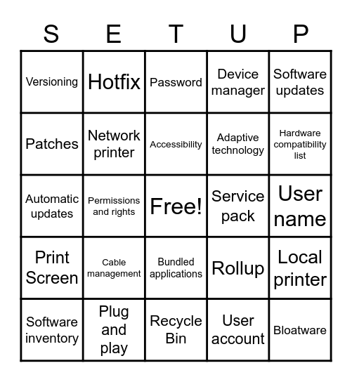 Computer Workstation Setup Bingo Card