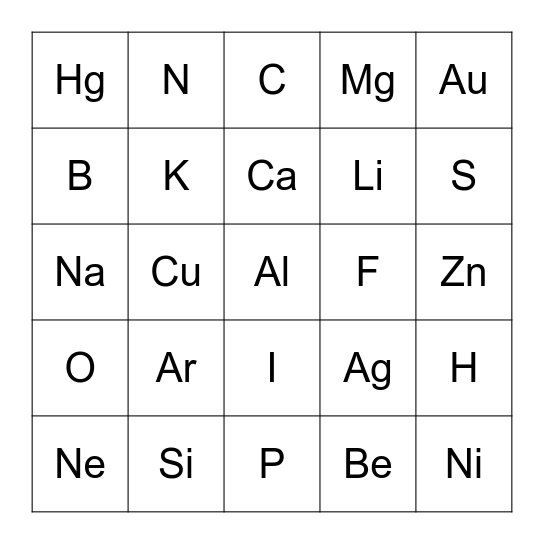 Periodic Table Bingo Card