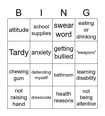 What did you get in trouble for? Bingo Card