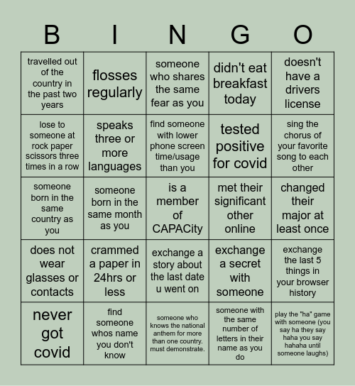 CAPACity Bingo Card