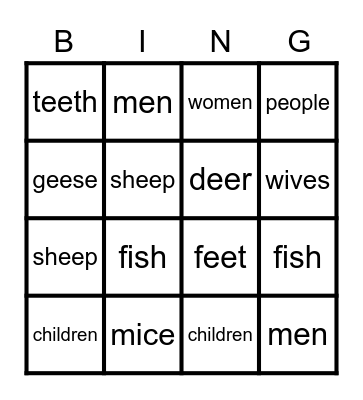 Spot the Plural Nouns Bingo Card