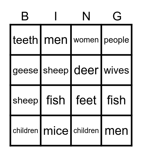 Spot the Plural Nouns Bingo Card