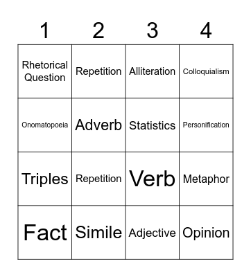 Language Techniques Bingo Card