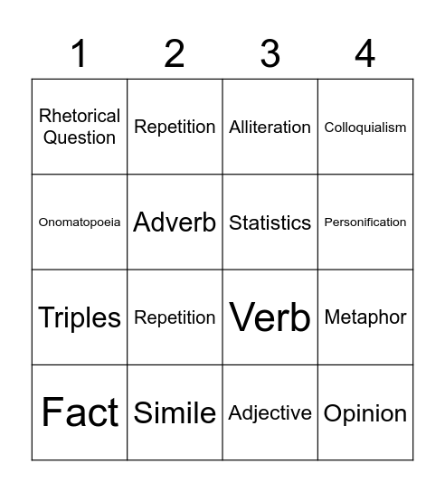 Language Techniques Bingo Card