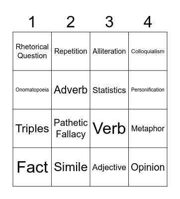 Language Techniques Bingo Card