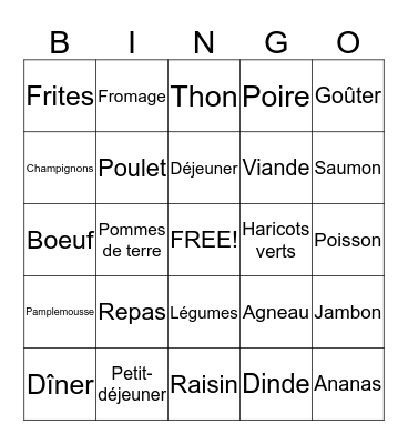 La nourriture - Food Bingo Card