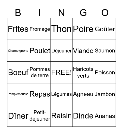 La nourriture - Food Bingo Card