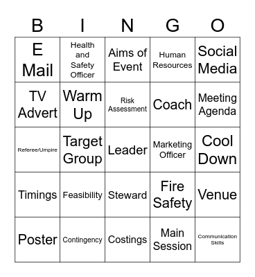 Unit 8 Organising Sports Events Bingo Card