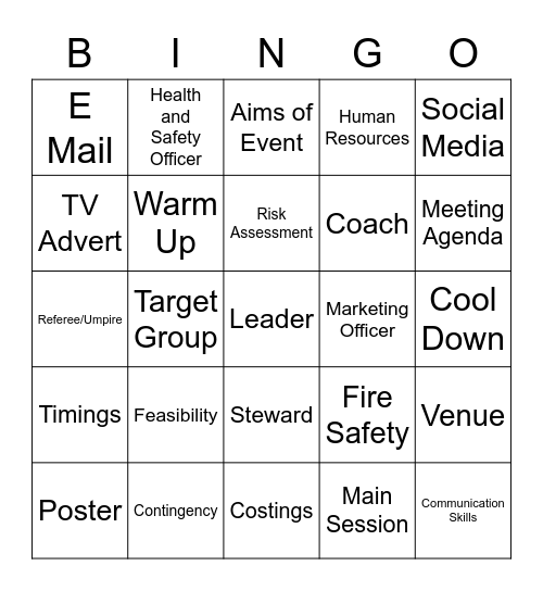 Unit 8 Organising Sports Events Bingo Card