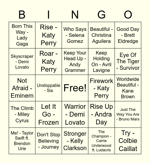 Wellness Music Bingo Card