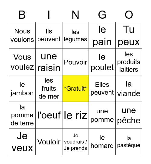 Vouloir/Pouvoir + Les Nourritures Bingo Card