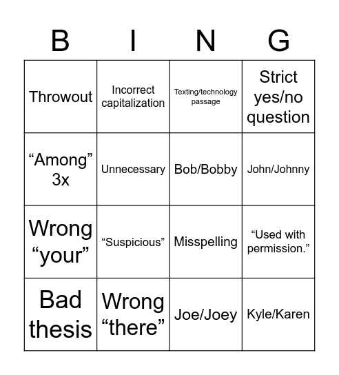 English I STAAR Bingo Card