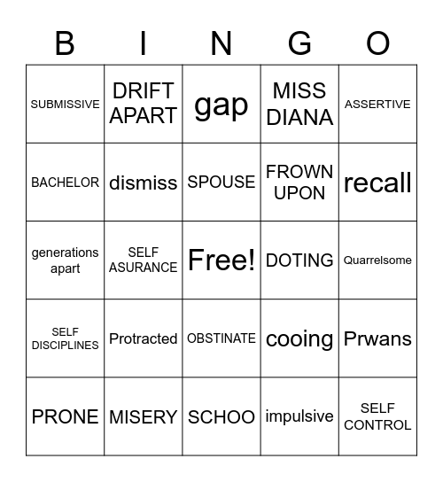 Vocabulary Unit 3 Bingo Card