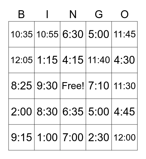 Telling Time Bingo Card
