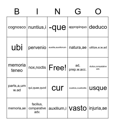 Bingo -Henle lesson 24 Bingo Card