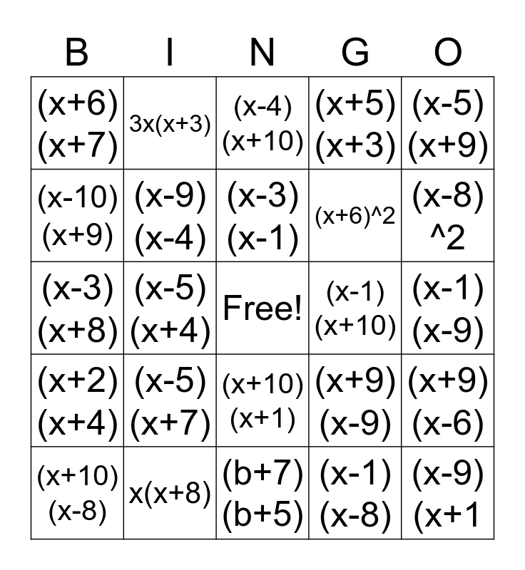 Factoring is FUN! Bingo Card