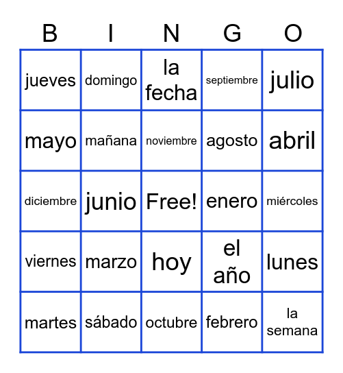 Dias, Meses y la Fecha Bingo Card