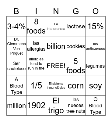Allergies Bingo Card