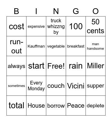 RANDOM ASL VOCAB Bingo Card