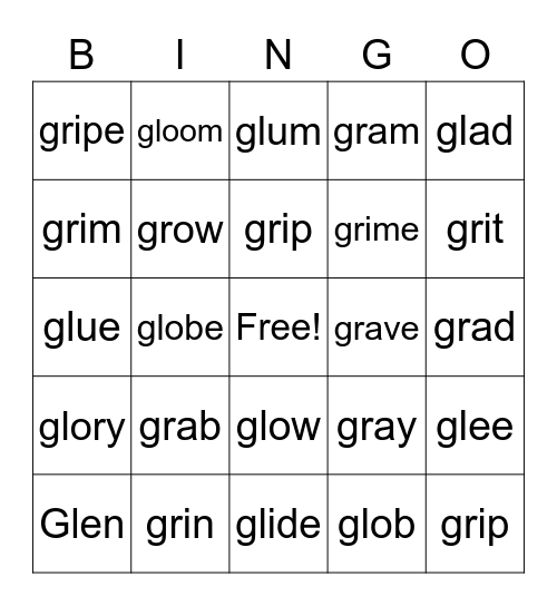 Bingo "gl" "gr" Bingo Card
