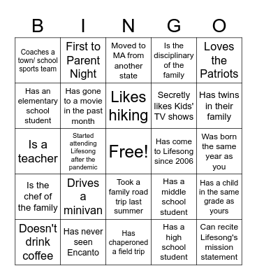 PARENT NIGHT ICEBREAKER BINGO Card