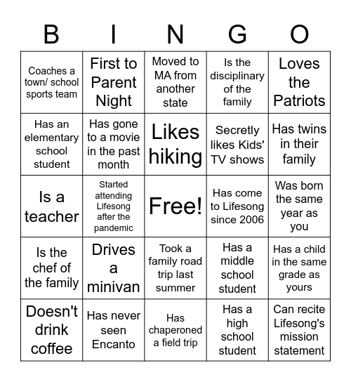 PARENT NIGHT ICEBREAKER BINGO Card