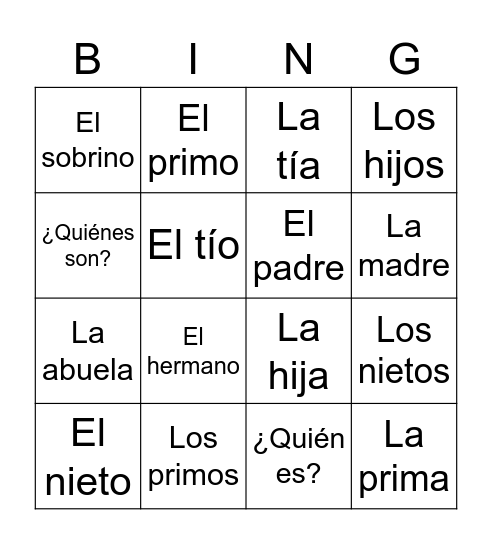 La Familia (second group) Bingo Card