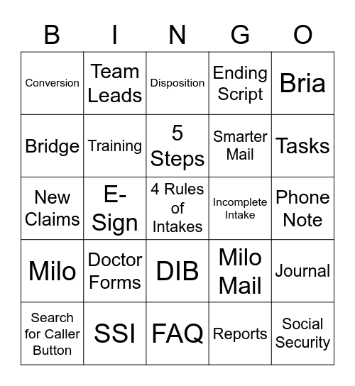 Trajector Bingo Card