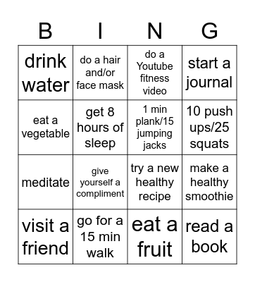 Wellness Bingo Week 1 Bingo Card