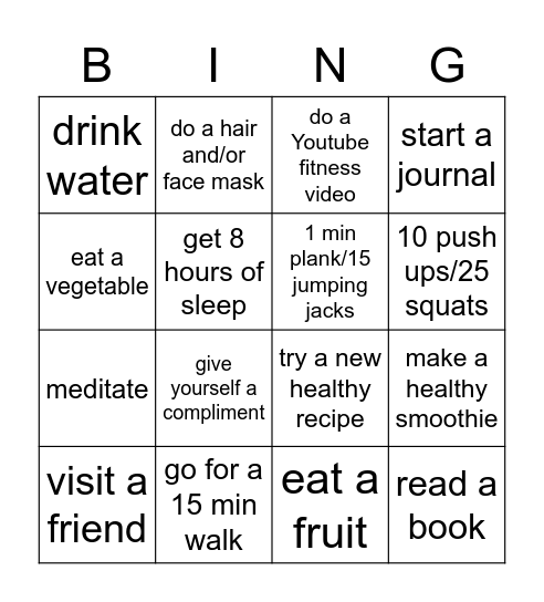 Wellness Bingo Week 1 Bingo Card