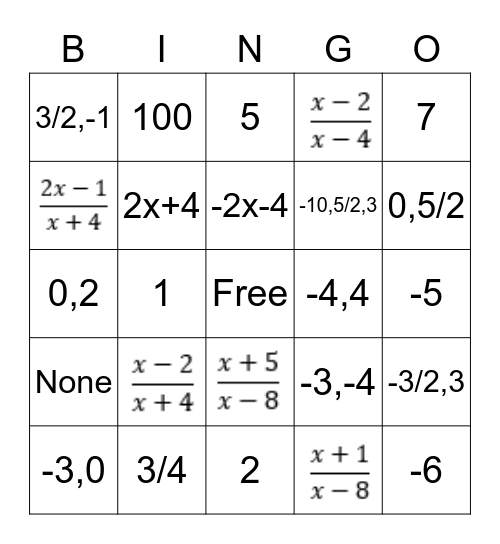 PC 5-2 & 5-3: Rational Expressions Bingo Card