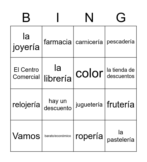 Shopping-Voc. 2 (first set of 8) Bingo Card