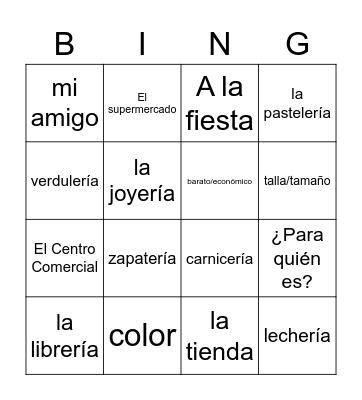 Shopping Voc. 2 (second set of 8) Bingo Card