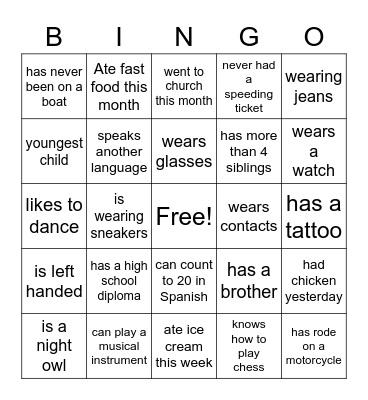 Get To Know You Bingo Card