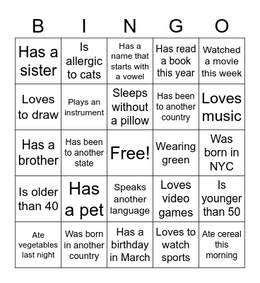 Getting to Know You Bingo Card