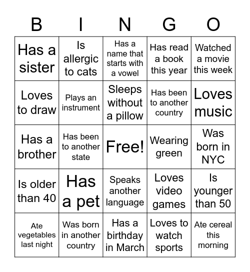 Getting to Know You Bingo Card