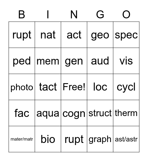 Greek and Latin Roots units 1-5 Bingo Card