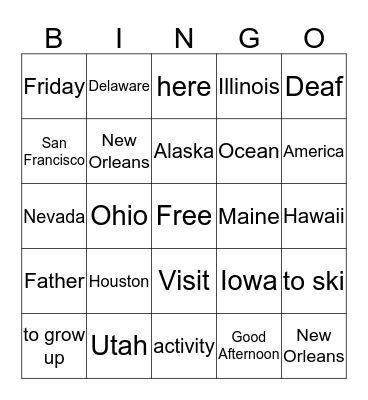 ASL II Bingo Card