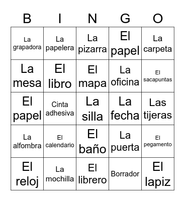 Spanish Classroom Objects Bingo Card