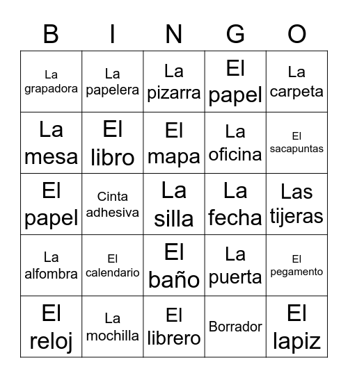 Spanish Classroom Objects Bingo Card