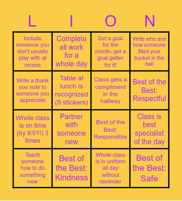 April LION Challenge Bingo Card