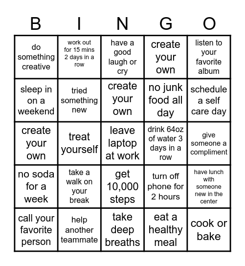 Self Care Bingo Card