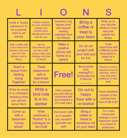 April Lions Challenge Bingo Card