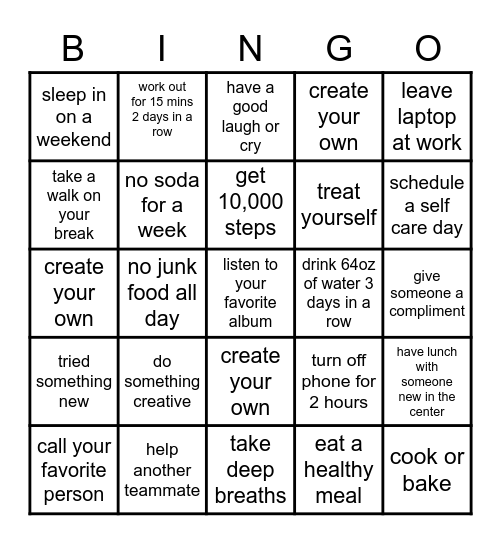 Self Care Bingo Card