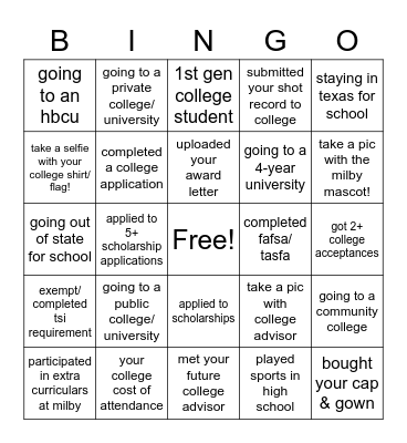 Senior HS Bingo Raffle Bingo Card