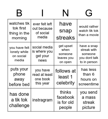 social media Bingo Card