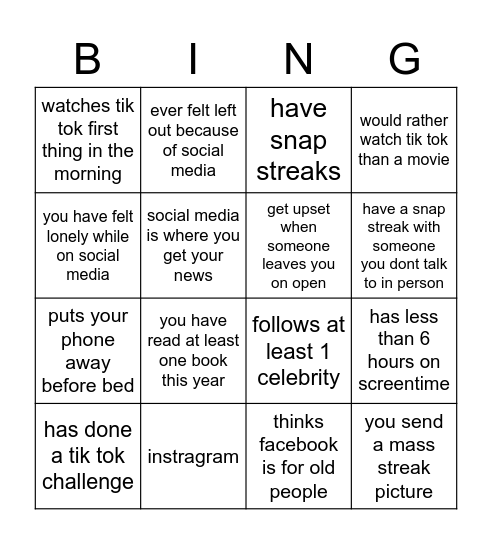 social media Bingo Card