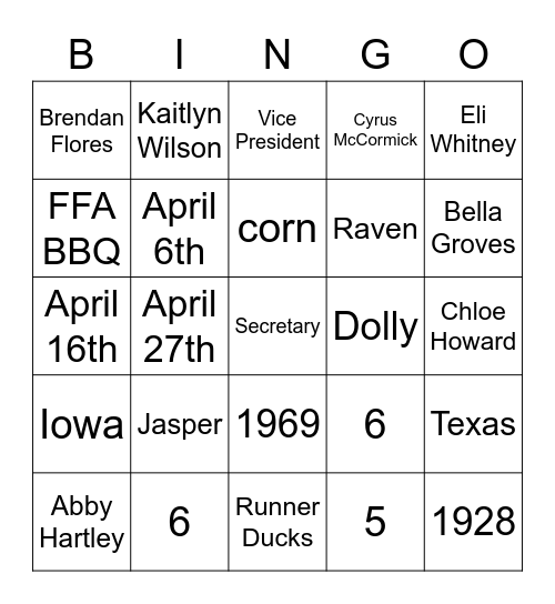 FFA Bingo Card