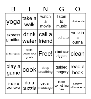 Combating Stress Bingo Card